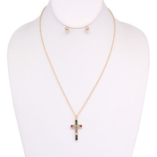 Bella Chic GDMT/MULTI / Os CROSS RHINESTONE NECKLACE EARRING SET