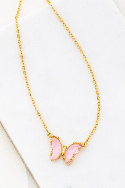 LA3accessories Pink / one size GEM STONE BUTTERFLY PENDANT NECKLACE