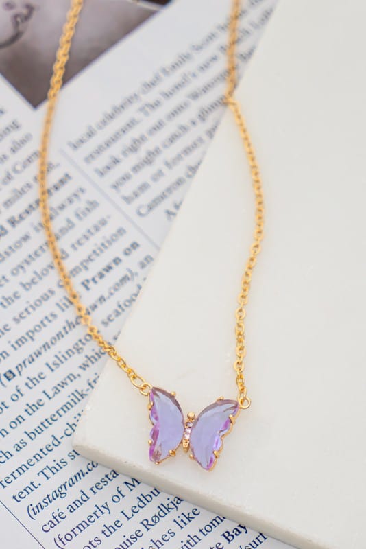 LA3accessories Violet / one size GEM STONE BUTTERFLY PENDANT NECKLACE